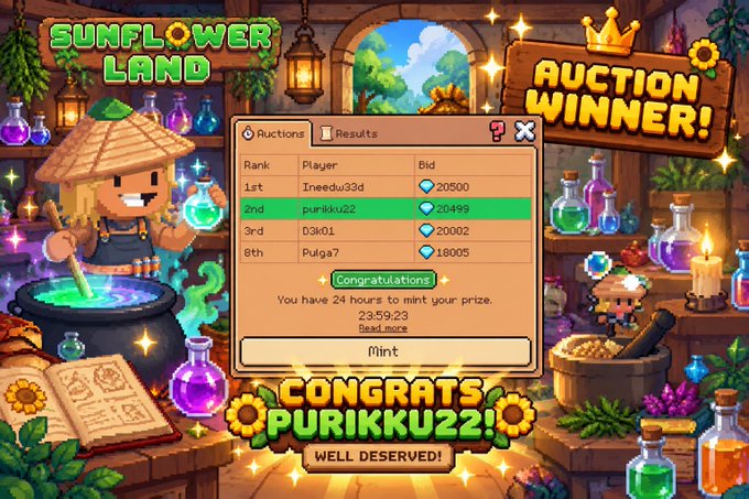 A 'Sunflower Land' game screen congratulating 'PURIKKU22' for winning 2nd place in an auction with a bid of 20499.