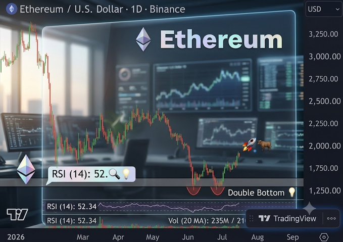 A TradingView daily chart of Ethereum/USD on Binance shows a "Double Bottom" pattern forming near $1,250 with the RSI (14) at 52.34, supporting the post's claim of a bullish structural reversal as price attempts to break above the yearly downtrend.