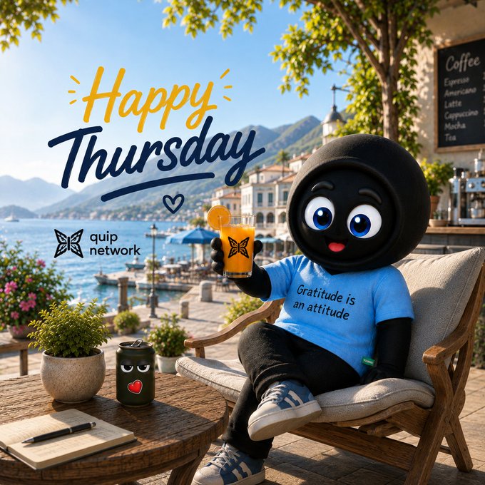 A black mascot character wearing a blue shirt that reads 'Gratitude is an attitude' sits in a chair by the seaside, holding an orange drink and smiling, with 'Happy Thursday' written in large yellow and blue letters and the 'quip network' logo visible.
