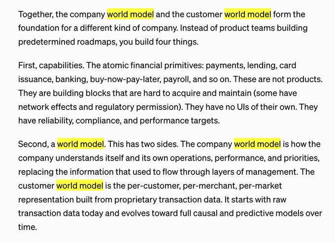 Text excerpt discussing company 'world model' and customer 'world model' as foundations, mentioning financial primitives like payments, lending, and card issuance.