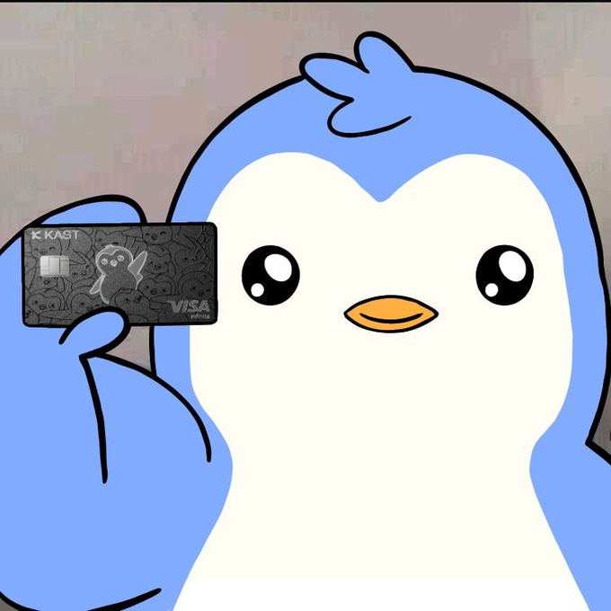 In this cartoon-like image, there is an anthropomorphized penguin holding up a black credit or debit card with its beak. The penguin appears to be posing for a photo, showcasing its unique handcrafted design and a Visa logo on the card. The backdrop of the image seems to be a gray wall, which contrasts nicely with the colorful illustration featuring the penguin and the card.