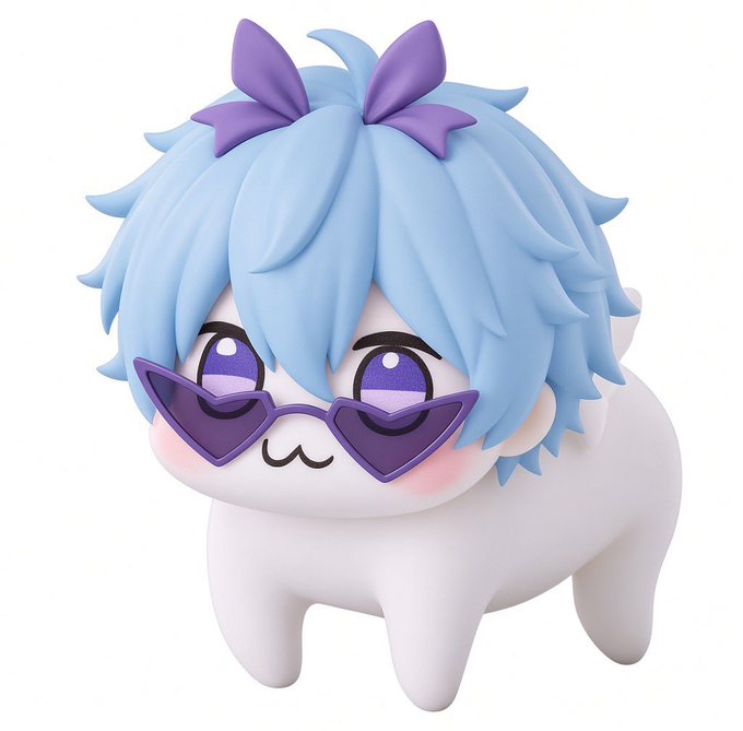 A cute chibi-style figurine of a white fluffy animal/creature with light blue spiky hair, large purple eyes, purple heart-shaped sunglasses, and a purple bow on top of its head.