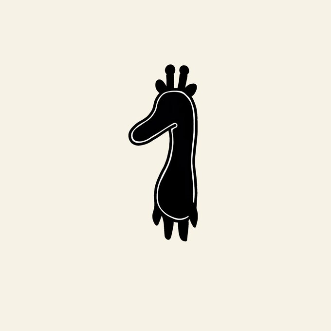 A minimalist black and white illustration of a stylized giraffe with an elongated neck and simple features on a cream background.