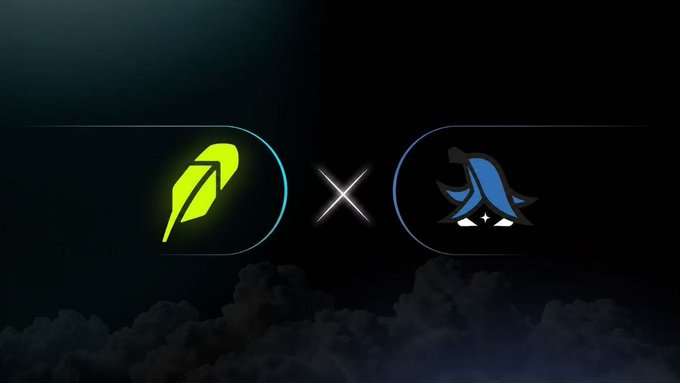 A dark promotional graphic featuring a green feather logo and a blue penguin-like character separated by an "X" symbol, with clouds in the background, visually representing the partnership or integration mentioned in the post about BasedBot's launch on basedbot.app and its Telegram trading bot.