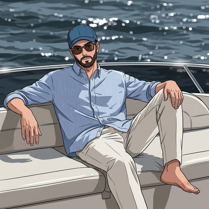 An illustrated cartoon-style image of a bearded man in a blue cap, sunglasses, blue button-up shirt, and white pants relaxing barefoot on a boat seat with water in the background.