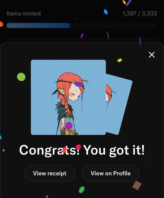 A mobile app screenshot showing a 'Congrats! You got it!' minting confirmation message for a Wasteland NFT, featuring an anime-style character with red hair.