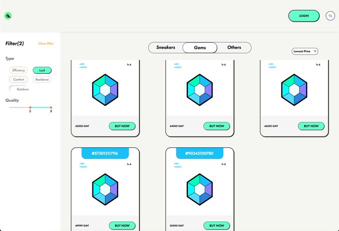 An NFT marketplace interface showing gem items priced in GMT (e.g., 40800 GMT, 49999 GMT) with filters for Efficiency and Luck, and BUY NOW buttons.