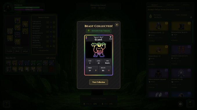 Dark fantasy game interface showing a 'Beast Collected!' notification for a 'Giant' card with stats and a 'View Collection' button.