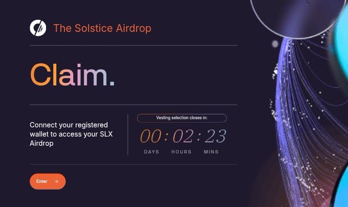 The image shows a sign for a website called "The Soltic Airdrop" that is related to cryptocurrency, specifically Bitcoin. The sign displays a list of claims users can make through the website, such as claiming wallets or asserting ownership. There are also options like a claim vesting window and a claim expiry date displayed on the screen. However, the primary focus of the image is a message from Ryan from the @solsticefi team that caught his attention, discussing an issue with over 700 Bitcoin wallets being selected for a three-month vesting plan but not checking their TVL dashboard recently.