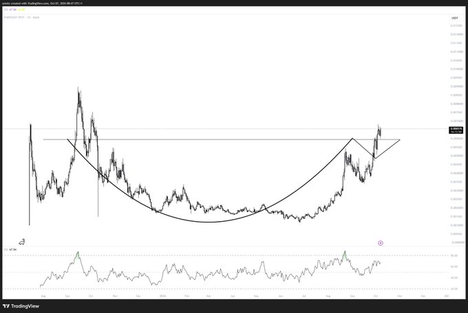 The image shows a TradingView chart of USDT/USD with a large rounded bottom/cup pattern drawn on the price action, suggesting a bullish breakout toward all-time highs. This aligns with the post's claim that $PUMP (USDT/USD) is heading to ATH, using the rounded bottom pattern as technical evidence for long exposure on dips.
