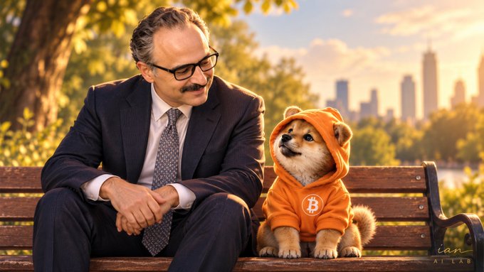 An AI-generated image of a man in a suit sitting on a park bench next to a Shiba Inu dog wearing an orange hoodie with a Bitcoin logo.