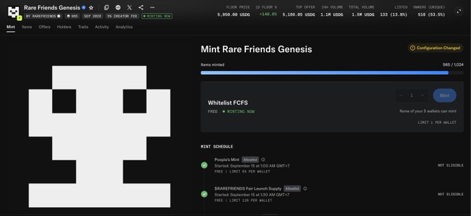 A webpage for 'Rare Friends Genesis' NFT collection on Magic Eden showing a mint progress bar at 983/1024, a free mint option (limit 1 per wallet), and a mint schedule with 'Pepega's Mint' and 'SBAREFRIENDS Fan Launch Supply' both listed as NOT ELIGIBLE.
