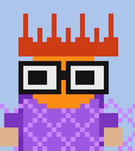 A pixel art character with an orange face, large black glasses, red crown-like hair, and a purple checkered outfit against a blue background.