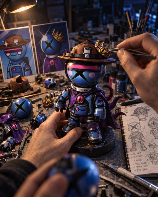 A detailed customization scene showing hands using tweezers to place a small crown on a dark, astronaut-style designer toy figure with an 'X' for an eye, surrounded by reference sketches and accessories.