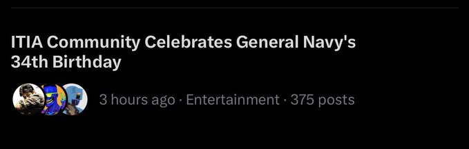 A social media post header reading 'ITIA Community Celebrates General Navy's 34th Birthday' posted 3 hours ago in Entertainment with 375 posts.