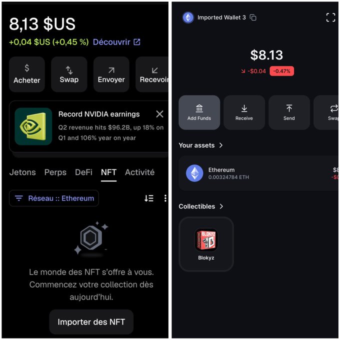 A side-by-side comparison of two crypto wallet apps: MetaMask (left) showing a balance of 8.13 $US with an empty NFT section displaying "Le monde des NFT s'offre à vous" despite holding the Blokyz NFT, and Backpack wallet (right) labeled "Imported Wallet 3" showing the same $8.13 balance but successfully displaying the "Blokyz" NFT under Collectibles, illustrating the contrast between MetaMask's inability to display NFTs versus Backpack's seamless multi-chain NFT support.