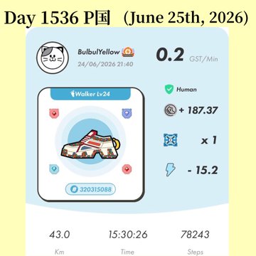 The image shows a STEPN app screenshot titled "Day 1536 P国 (June 25th, 2026)" displaying a Bulbul Yellow sneaker (Common Walker Lv24) with stats including 0.2 GST/Min earnings, +187.37 GST, 43.0 Km walked, 15:30:26 time, and 78,243 steps recorded for user "BulbulYellow." This relates to the post documenting that day's 45-km walk, during which the user's phone battery died mid-Hunter battle for HEAL3 capsules.
