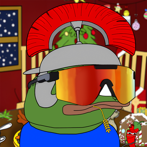 Digital illustration of Pepe the Frog wearing a Roman centurion helmet, ski goggles, and chewing on a piece of wheat, set against a Christmas-themed background with decorations and a chili pepper character.