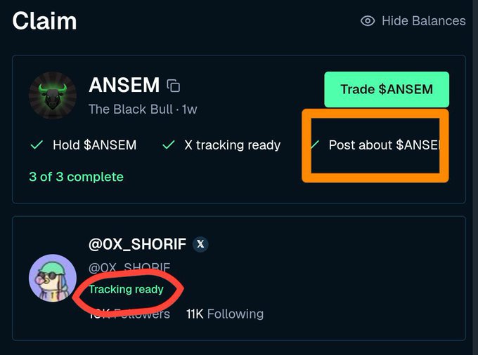 A screenshot of a 'Claim' interface showing a completed ANSEM ($ANSEM) task with '3 of 3 complete' and options to 'Trade $ANSEM' and 'Post about $ANSE', alongside a profile for @OX_SHORIF with 'Tracking ready' circled in red.