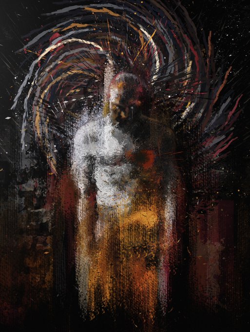 A haunting, abstract portrait of a figure dissolving into chaotic splatters and streaks of orange, red, white, and black against a dark background, evoking a haunting sense of "Standing Silence." The piece, titled "GM" and minted as a 1/1 edition for 600 XTZ, blends expressionistic human form with cosmic, almost sacrificial energy, fitting its evocative title.