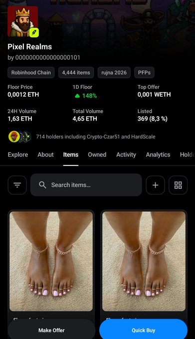 The image shows an OpenSea NFT listing page for "Pixel Realms" with floor price 0.0012 ETH and 4,444 items, but the displayed NFTs are clearly just photos of feet with pink-painted toenails rather than actual pixel art—illustrating the absurdity of the "PPs" items and the poster's disbelief at what passes for digital collectibles.