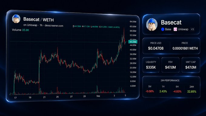 A cryptocurrency dashboard displaying the Basecat/WETH trading pair on Uniswap V3, showing a 24H performance of 22.85% and a market cap of $47.0M.