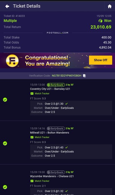 A sports betting ticket details screen showing a total return of 23,010.69 won from a 400 won stake across multiple successful football match predictions including Coventry U21 vs Barnsley U21, Millwall U21 vs Bolton Wanderers, and Wycombe Wanderers vs Chelsea U21.