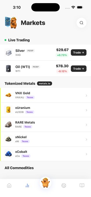 A mobile app screenshot of 'Markets' showing Live Trading prices for Silver (XAG) at $29.67 (+0.73%) and Oil WTI at $78.30 (-0.12%), with a Tokenized Metals section listing VNX Gold, xUranium, RARE Metals, xNickel, and xCobalt on Tezos.
