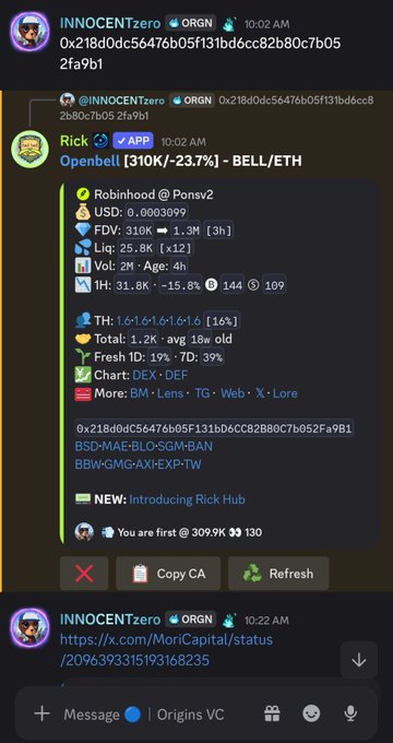 A dark-themed chat interface shows a user sharing a contract address and token data for 'BELL/ETH', displaying metrics like market cap, FDV, and a 'NEW: Introducing Rick Hub' alert.