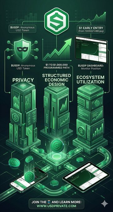 The image features an infographic poster with a green background and an illustration of three green cubes, each representing a different aspect of the USDPrivate ecosystem. The poster includes information about privacy, economy, and ecology that explains how these aspects are interconnected and structured together for private use. Below this, there is text in white stating "Let'S learn about the @USDPrivate ecosystem USD Private is taking a very different approach Instead of focusing on market narratives, the project is building around three core pillars: Privacy Structured economic design Let'S see it in thread usdprivate.com". The poster encourages users to join and learn more about this unique, innovative system that offers privacy-centric economic design.