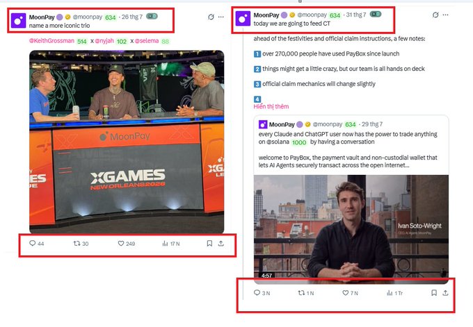 Screenshots of two MoonPay (@moonpay) Twitter/X posts, one featuring an X Games New Orleans 2025 panel and another promoting PayBox and ChatGPT user integration with Ivan Soto-Wright.