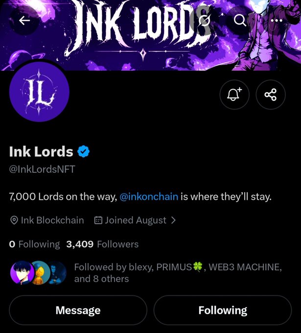 The image shows the Twitter/X profile page for "Ink Lords" (@InkLordsNFT), a verified account with 3,409 followers, displaying the banner "INK LORDS" and a bio stating "7,000 Lords on the way, @inkonchain is where they'll stay." This aligns with the accompanying post announcing the upcoming launch of 7,000 Lords NFTs on Inkchain, emphasizing ownership benefits and the project's reward structure.