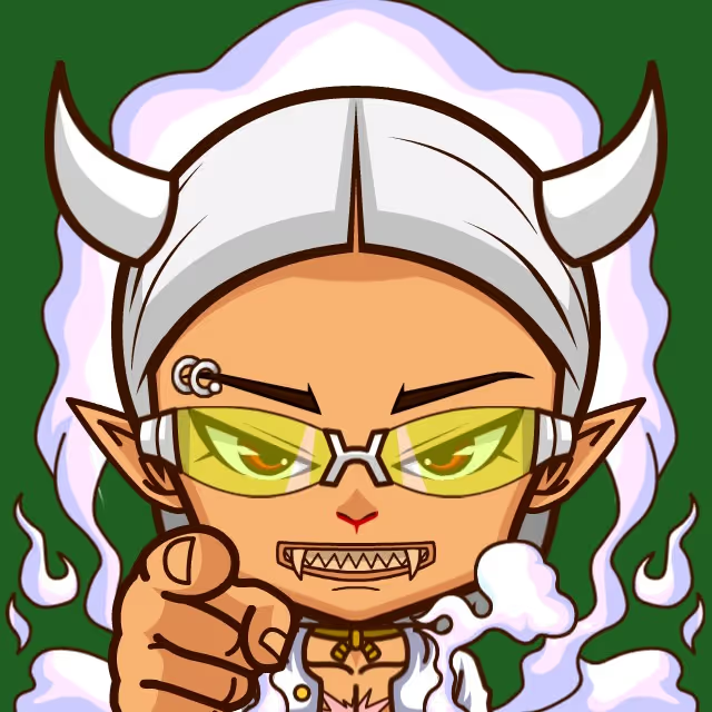 A chibi-style cartoon illustration of a character with white hair, horns, yellow goggles, and pointed ears pointing at the viewer.