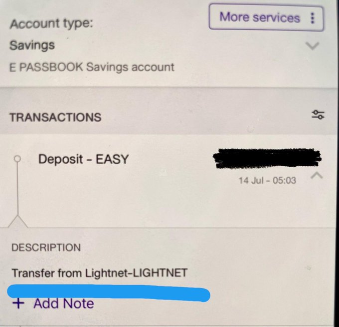 Bank transaction screenshot showing a Deposit – EASY transaction dated 14 Jul - 05:03 from an E PASSBOOK Savings account, with description indicating 'Transfer from Lightnet-LIGHTNET'.