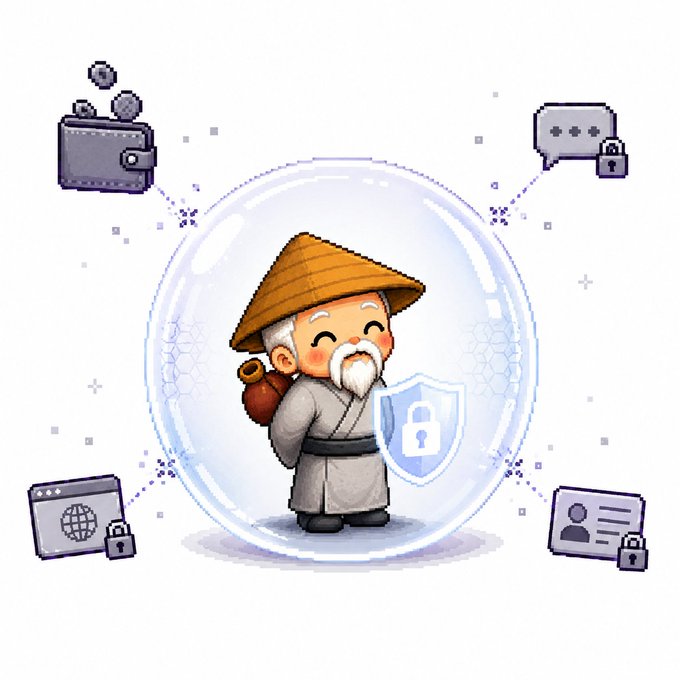A pixel art illustration of an elderly bearded character wearing a conical hat and holding a shield with a lock icon, surrounded by a bubble and floating icons of a wallet, secured chat, browser, and ID card.