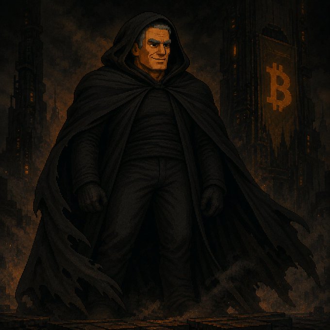Stylized digital artwork of a stern figure resembling a central banker in a dark, tattered hooded cloak, standing before a dystopian cityscape featuring a large Bitcoin 'B' symbol.