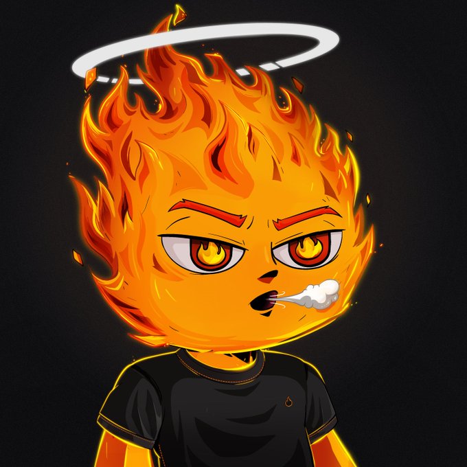 A cartoon-style illustration of a character with a head made of orange flames, featuring a white halo, red eyes with flame irises, and wearing a black shirt while blowing a puff of smoke.