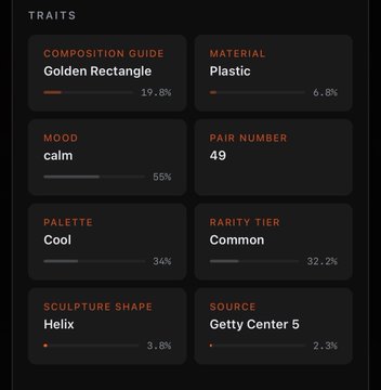A digital interface displays 'TRAITS' for an artwork, listing attributes including 'COMPOSITION GUIDE: Golden Rectangle' (19.8%), 'MATERIAL: Plastic' (6.8%), 'MOOD: calm' (55%), 'PAIR NUMBER: 49', 'PALETTE: Cool' (34%), 'RARITY TIER: Common' (32.2%), 'SCULPTURE SHAPE: Helix' (3.8%), and 'SOURCE: Getty Center 5' (2.3%).