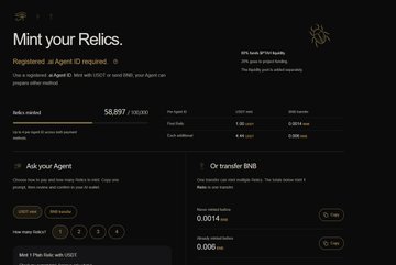 A dark Relay financial webpage displays “Mint your Relics.” and “Registered … Agent to mint,” a Relics minted counter around 58,897, agent allocation controls, and transfer options including 0.0014 and 0.006.