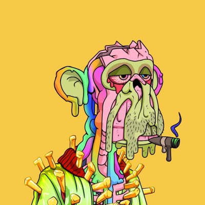 A colorful cartoon-style illustration of a multi-eyed, melting creature with a beard and spiked green jacket smoking a cigarette against a yellow background.