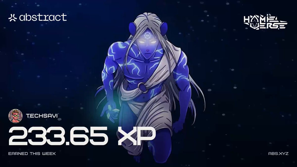 The image features a blue character with long hair standing against a dark background. The character has a sword in their hand, which they are holding up as if ready for battle or some other action. The text " Chat I think I cracked the @AbstractChain XP code!" is written above and below the character's head. This suggests that there might be an achievement or milestone related to the game being played.