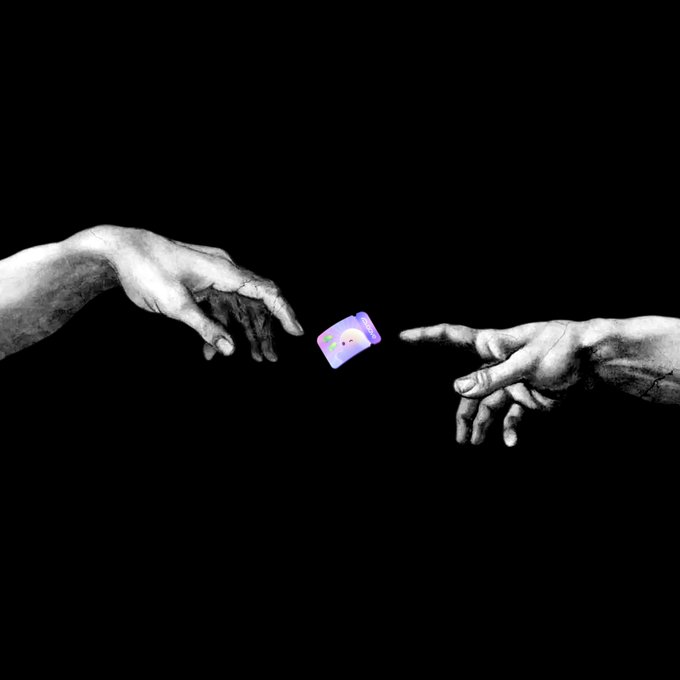A black-and-white recreation of Michelangelo's 'Creation of Adam' with a small cartoon character being passed between the two hands.