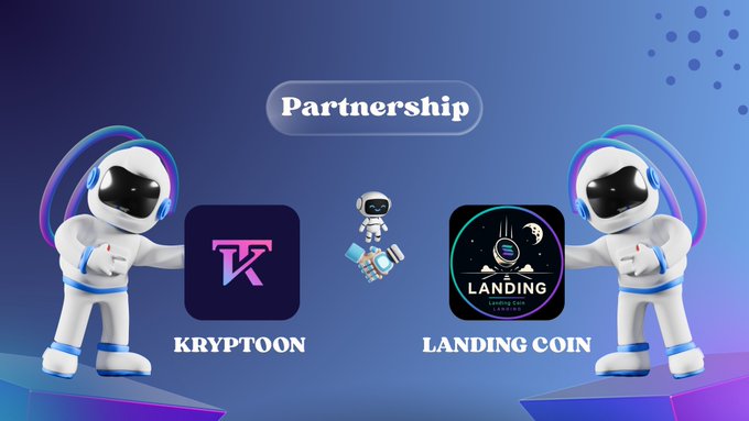 Two astronaut mascots flank the partnership announcement between **KRYPTOON** and **LANDING COIN**, with a "Partnership" header, their respective logos, and a central robot handshake graphic symbolizing the collaboration between the two cryptocurrency projects.