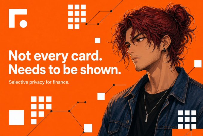 An orange advertisement graphic with an anime-style illustration of a red-haired man, featuring the text 'Not every card. Needs to be shown. Selective privacy for finance.'