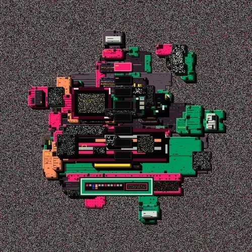 A retro, pixel-art style top-down view of a colorful vehicle or machine in pink, green, and black, set against a gray background.