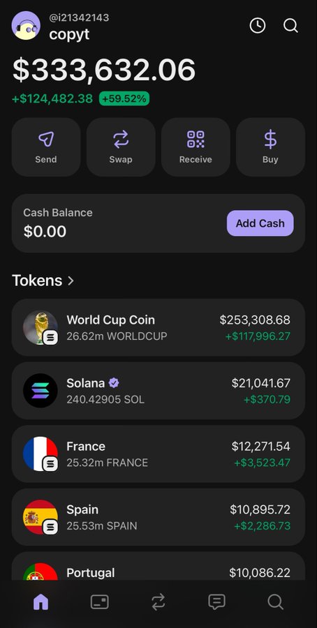 iphone screen displays a black background, white text, and icons for Bitcoin transactions, Cash Balance, Tethers, and tokens.