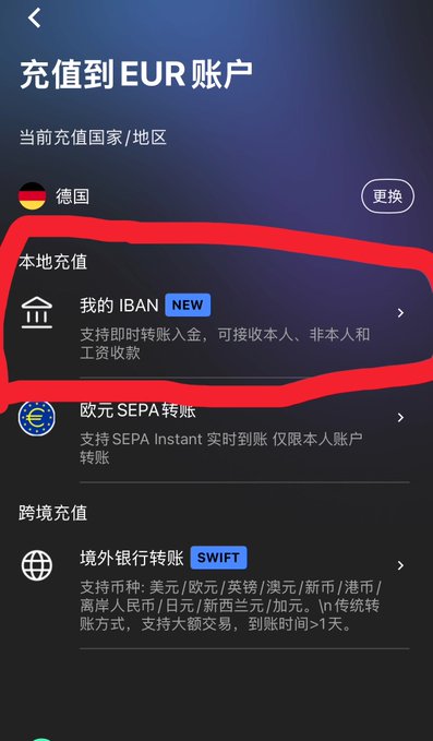 A mobile screenshot shows a "充值到 EUR 账户" (Top up to EUR account) page with the current country set to Germany, highlighting the new "我的 IBAN" (My IBAN) local top-up option that supports instant transfers from the account holder, non-account holder, and salary receipts. The image illustrates the banking interface where users can obtain a European IBAN account, directly relating to the post's discussion about Starryblu's giveaway of 5 European IBAN slots for overseas infrastructure and fund repatriation needs.