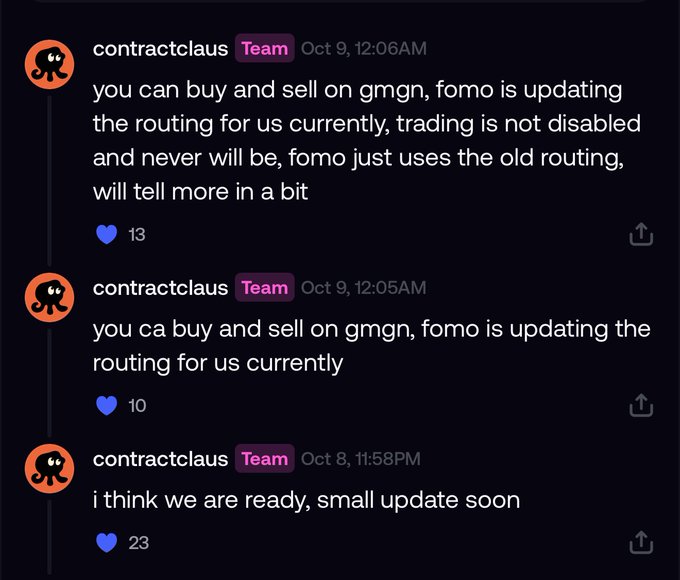 A Discord chat from 'contractclaus' (Team) announcing updates about trading on 'gmgn', with messages dated Oct 8-9 stating 'i think we are ready, small update soon' and clarifying that trading is not disabled.