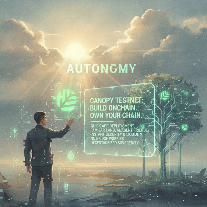 Futuristic promotional graphic for 'AUTONOMY' featuring a person reaching toward a holographic 'CANOPY TESTNET' interface with text: 'BUILD ONCHAIN. OWN YOUR CHAIN.' and features listed including quick app deployment and decentralized sovereignty.