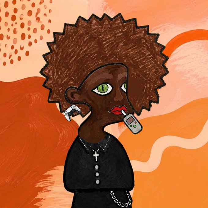 A digital illustration of a person with dark skin, a large afro, green eyes, and red lips, wearing a black top with a cross necklace and a wallet chain, holding a vape near their mouth against an orange abstract background.